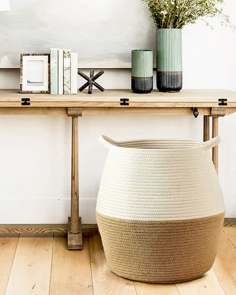 Handwoven Jute Cotton Laundry Storage Basket for Stylish and Eco-Friendly Home Organization