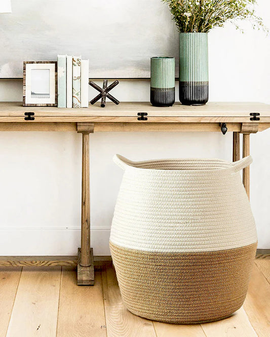 Handwoven Jute Cotton Laundry Storage Basket for Stylish and Eco-Friendly Home Organization