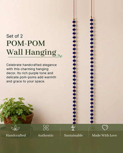 Handcrafted Blue Pom Pom Wall Hanging with Colorful Beads Set of 2