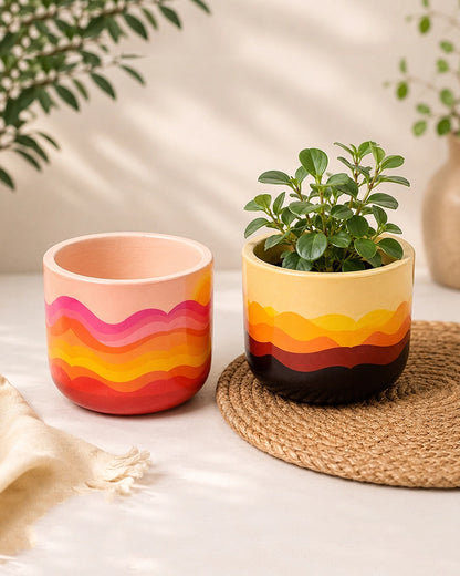 Sunset Wave Hand Painted Terracotta Planter Set of 2 (Multicolour)