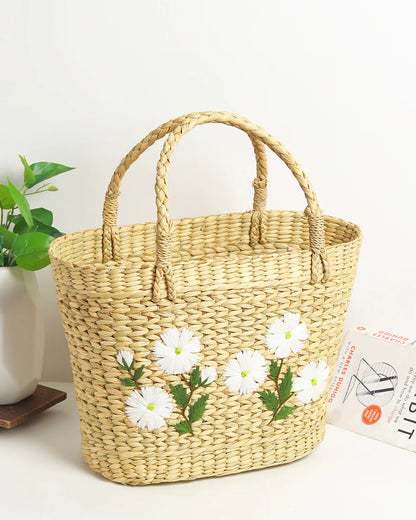 Handmade Seagrass Embroidery Handbag for Shopping, Storage & Everyday Use