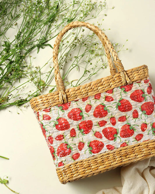 Handwoven Seagrass Shopping Basket & Tote Bag - Strawberry