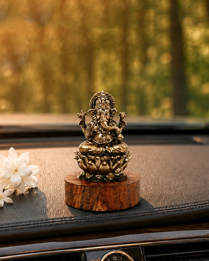 100% Pure Brass Ganesh Ji Idol with Wooden Chowki for Car Dashboard