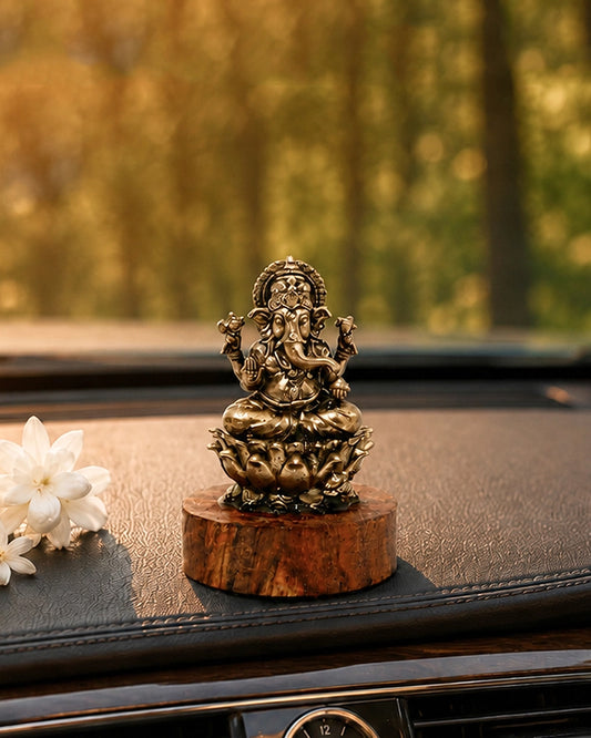 100% Pure Brass Ganesh Ji Idol with Wooden Chowki for Car Dashboard