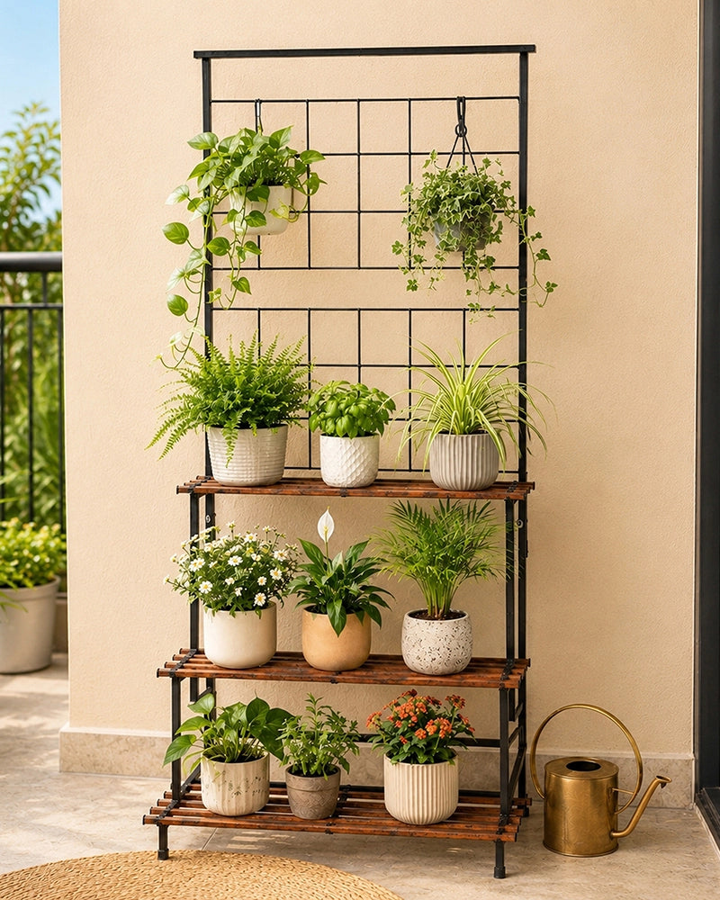 3 Tier Plant Stand with Trellis & Hanging Rod Anti Rust (Black & Brown