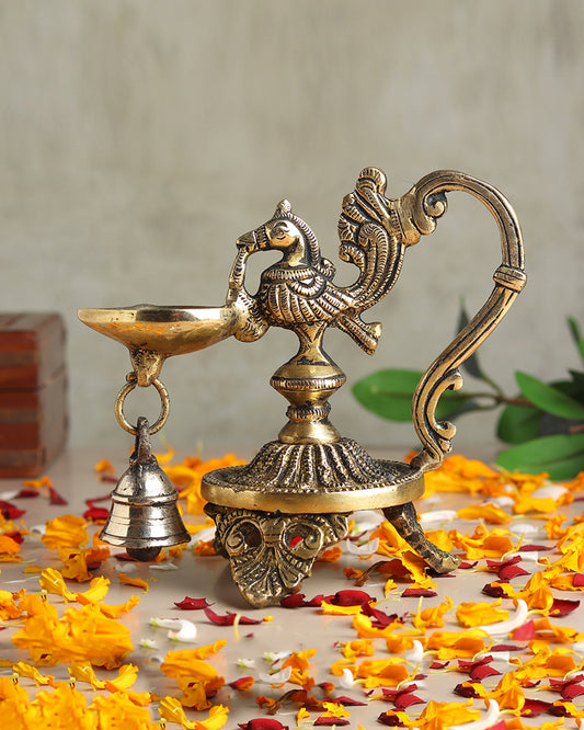 Brass Oil Lamp Peacock Diya with Bell for Pooja and Home Decor