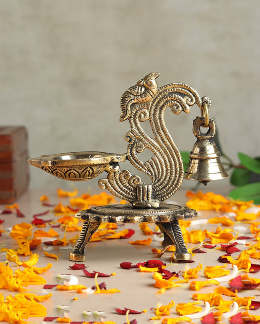 Traditional Brass Aarti Diya with Parrot Design with Hanging Bell