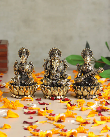 Pure Brass Laxmi Ganesh Sarasvati Idol Set for Home Pooja