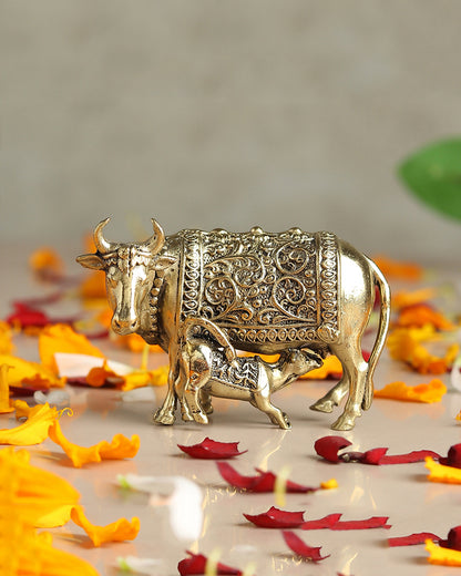 Pure Brass Kamdhenu Cow with Calf Idol for Home Temple and Pooja Room