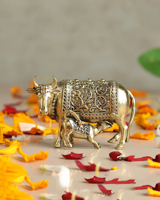 Pure Brass Kamdhenu Cow with Calf Idol for Home Temple and Pooja Room