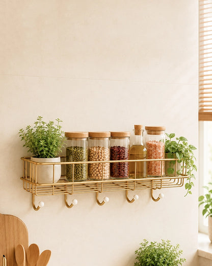 Self Adhesive Metal Wall Shelf with 4 Hanging Hooks for Bathroom Accessories