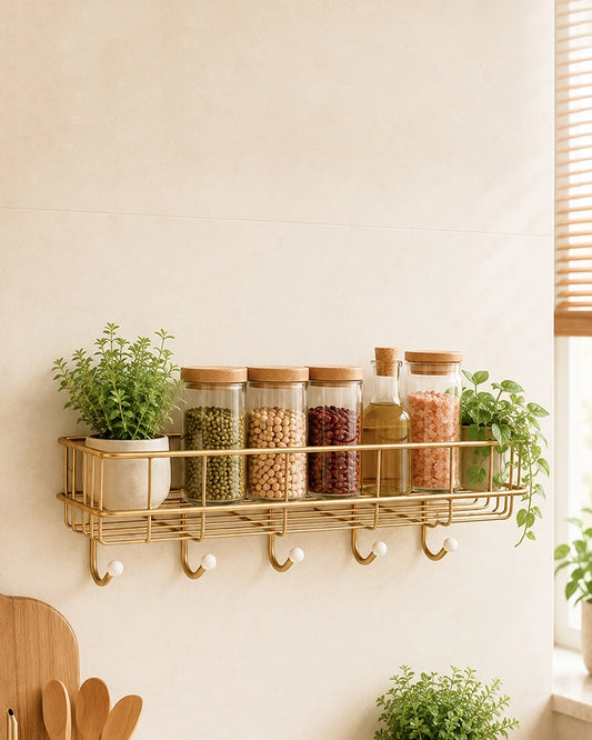 Self Adhesive Metal Wall Shelf with 4 Hanging Hooks for Bathroom Accessories