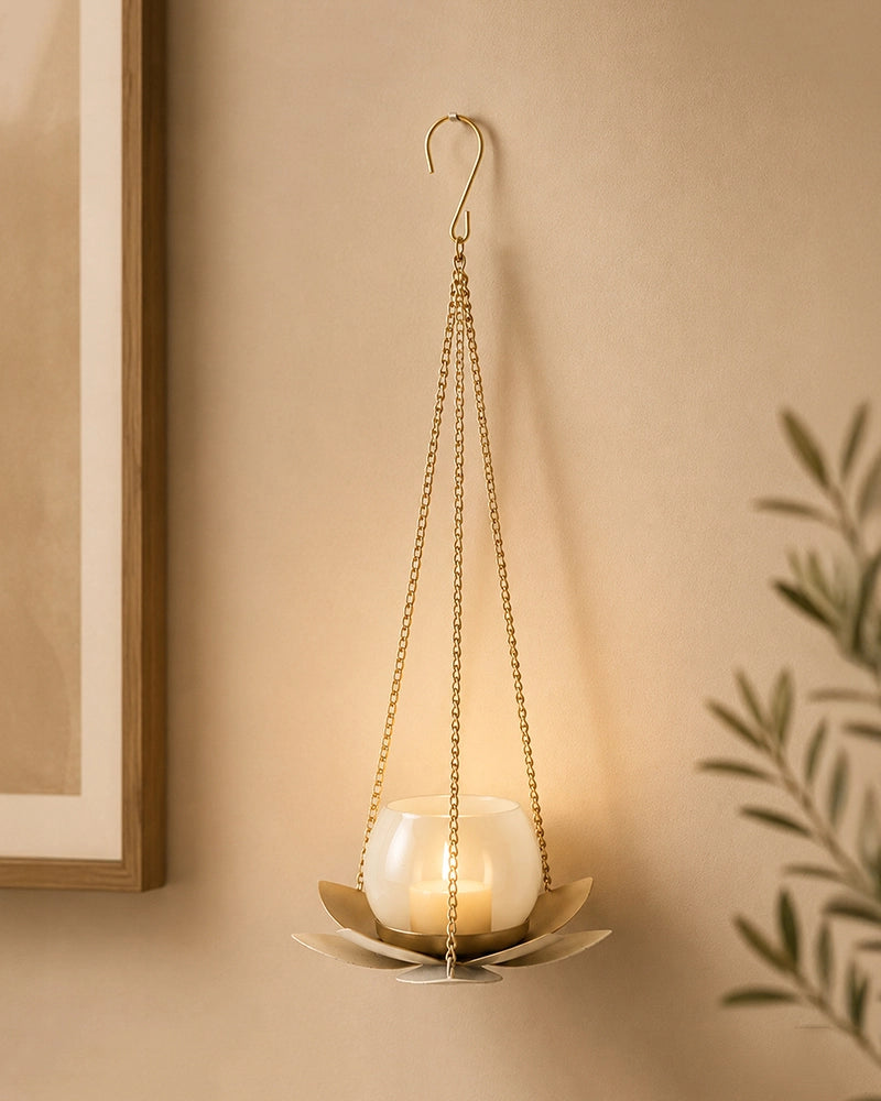 Hanging Metal Lotus Tealight & Candle Holder (Golden)