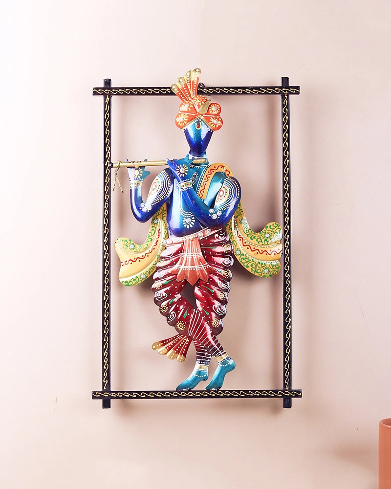 Handcrafted Metal Krishna Flute Playing Wall Hanging Showpiece