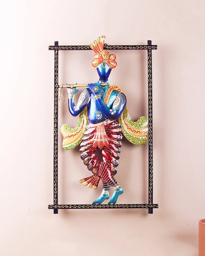 Handcrafted Metal Krishna Flute Playing Wall Hanging Showpiece