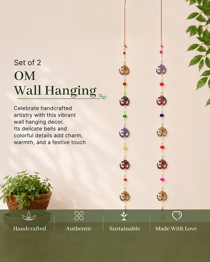 Om Symbol Wall Hanging with Pom Poms and Bells for Home Decoration