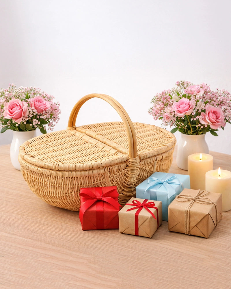 Handcrafted Cane Picnic Basket with Lid for Outdoor and Travel Use