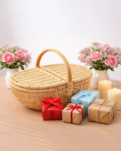 Handcrafted Cane Picnic Basket with Lid for Outdoor and Travel Use