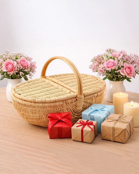 Handcrafted Cane Picnic Basket with Lid for Outdoor and Travel Use