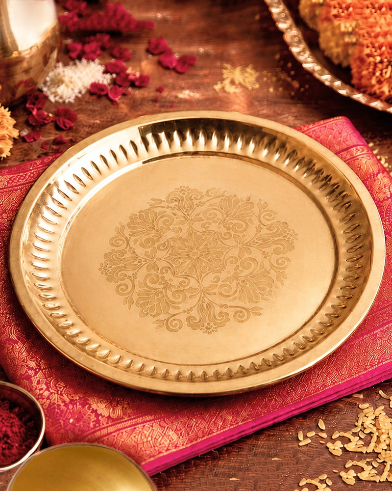 Engraved Brass Pooja Thali (Gold)