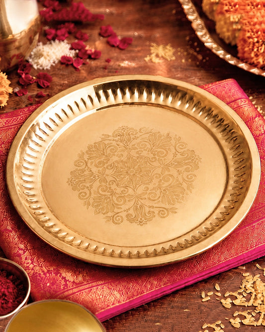 Engraved Brass Pooja Thali (Gold)
