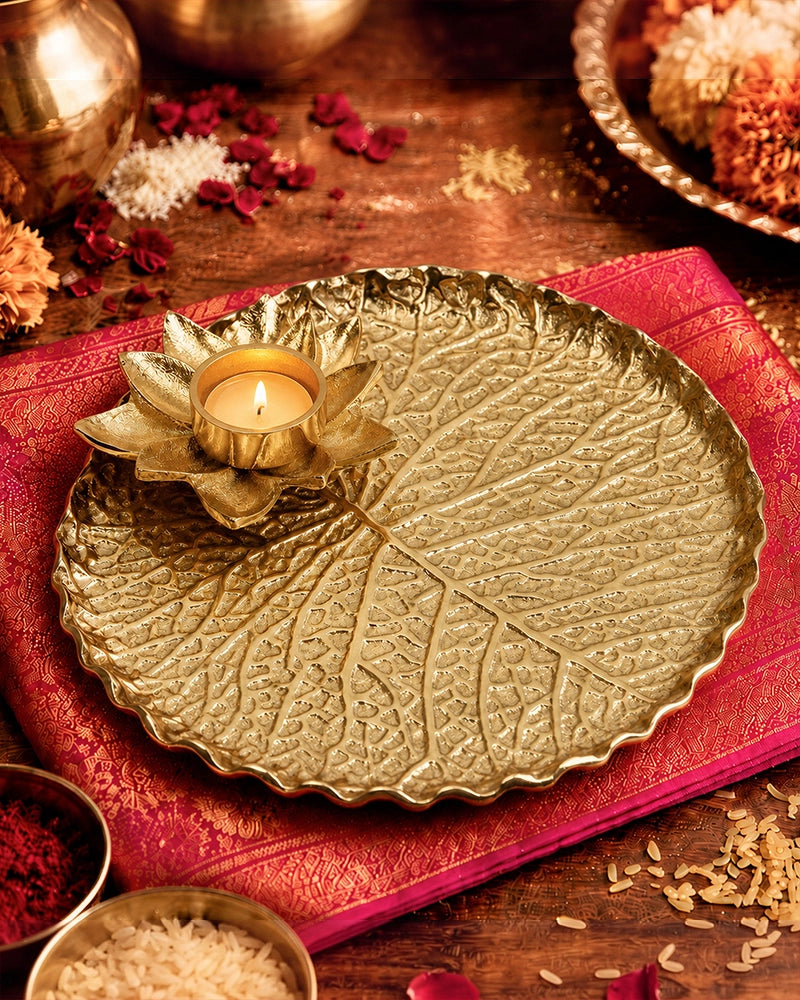 Premium Lotus Pooja Thali with Tea Light Holder for Festive Pooja & Gifting