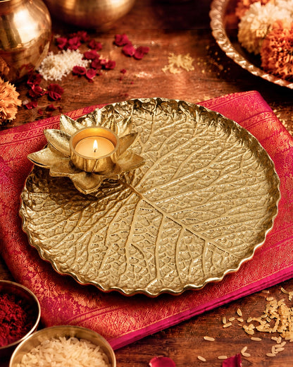 Premium Lotus Pooja Thali with Tea Light Holder for Festive Pooja & Gifting