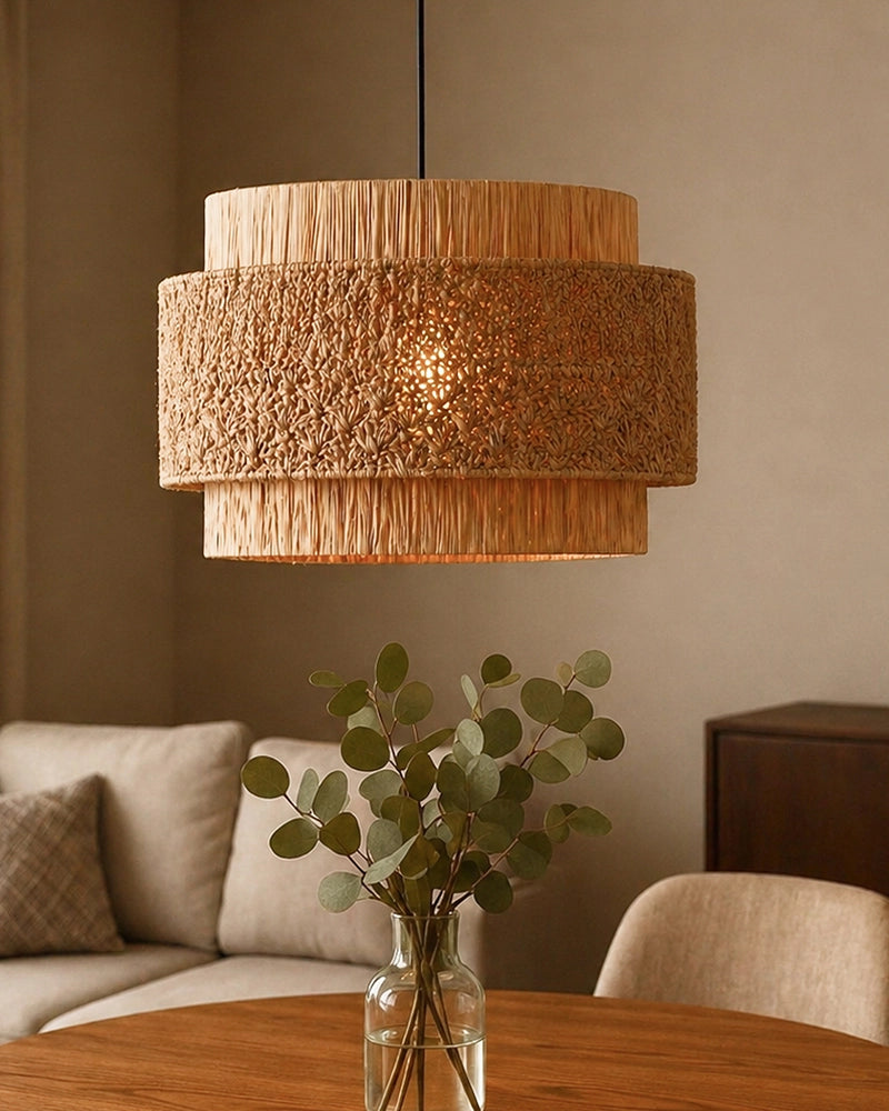 Raffia Drum Pendant Lamp for Living Room Bedroom & Boho Home Decor