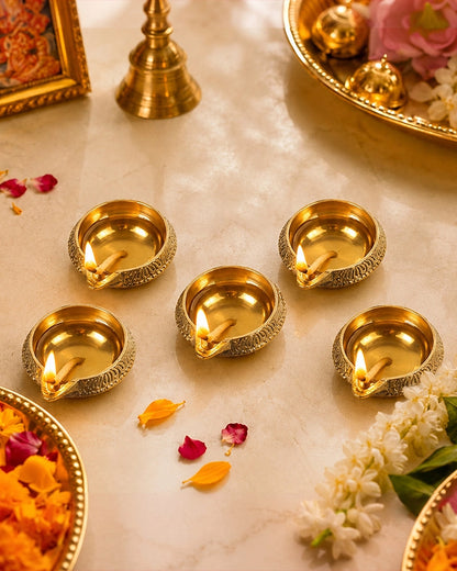 100% Pure Brass Diya for Pooja Diwali Festival Home Décor, Set of 5