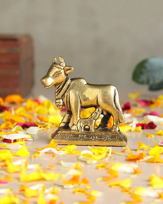 Brass Kamdhenu Idol for Home Temple, Spiritual Decor, and Showpiece