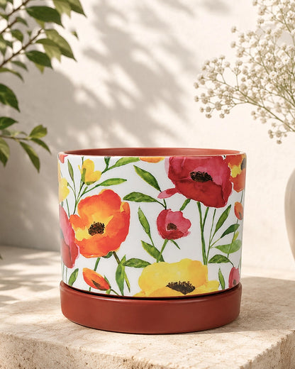 Poppy Floral Print Terracotta Planter with Under Plate (Multicolour)