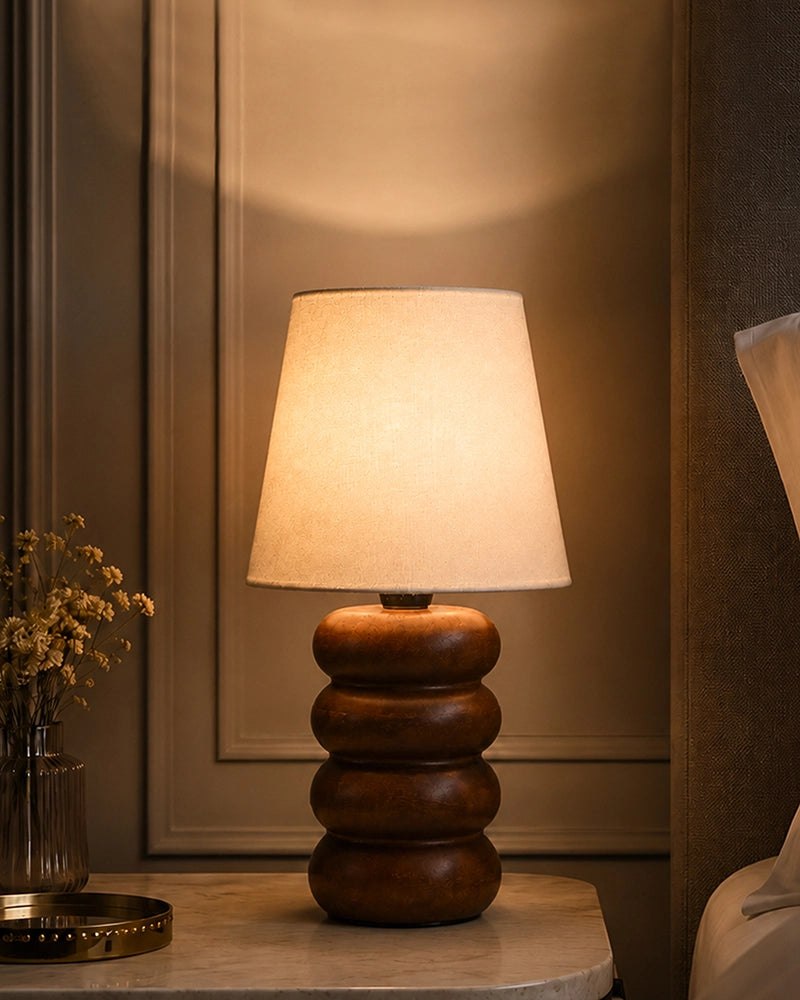Handcrafted Wooden Table Lamp Textured Linen Shade Warm Light