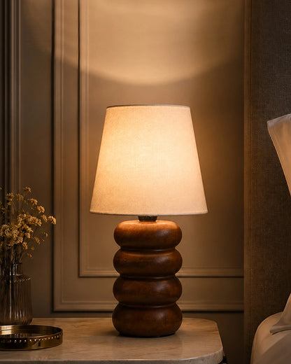 Handcrafted Wooden Table Lamp Textured Linen Shade Warm Light