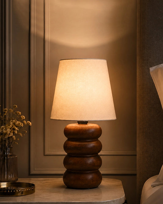 Handcrafted Wooden Table Lamp Textured Linen Shade Warm Light