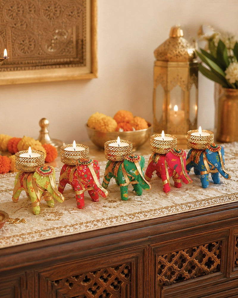 Rajasthani Elephant Tealight Holder for Living Room, Set of 5