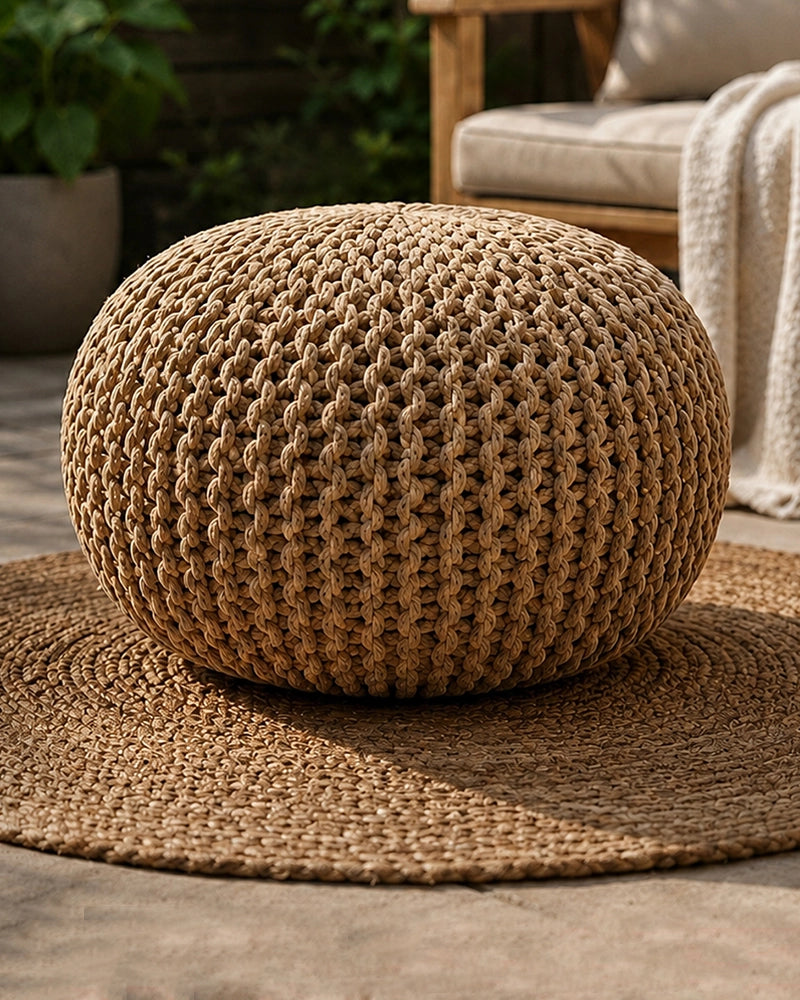 Hand Knitted Beige Cotton Pouf Chunky Knit Round Ottoman Boho Footrest