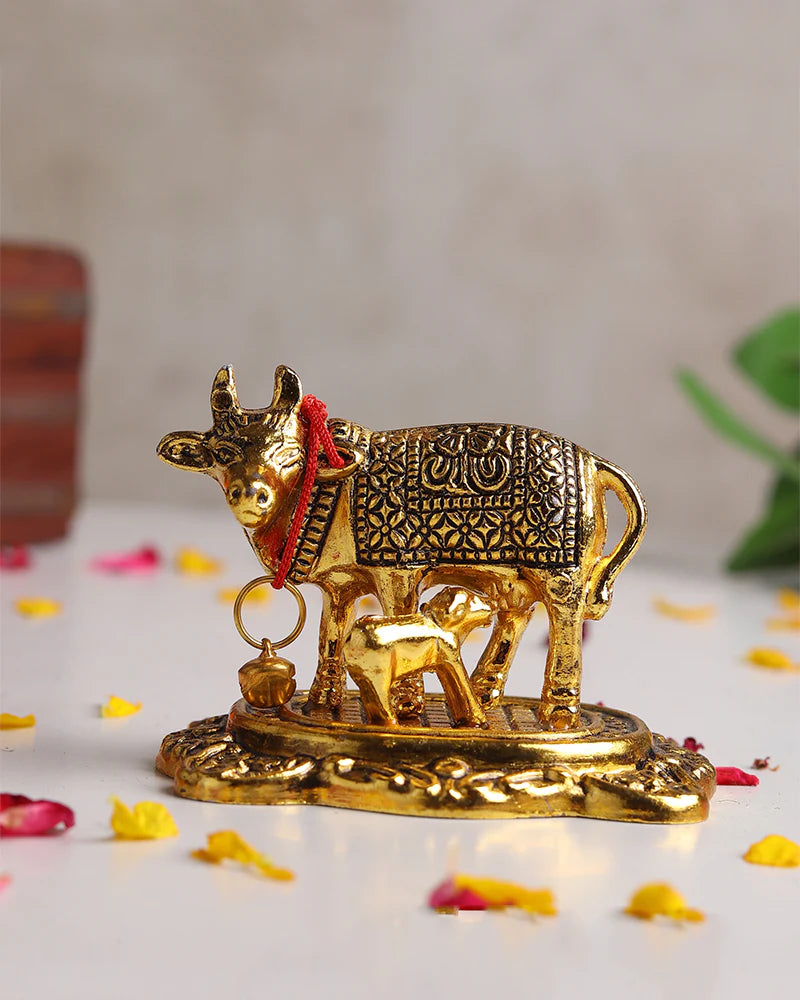 Kamdhenu Cow with Calf Statue, Decorative Cow Figurine and Gift Item