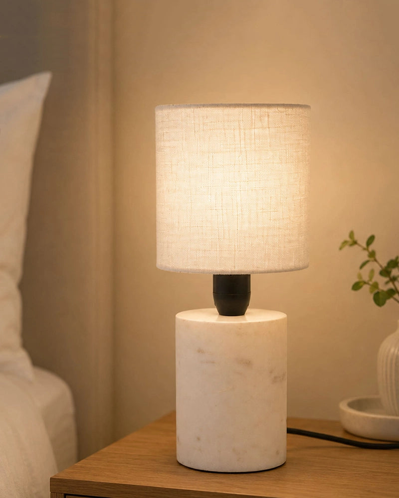 Marble Table Lamp with Linen Shade Warm Ambient Light