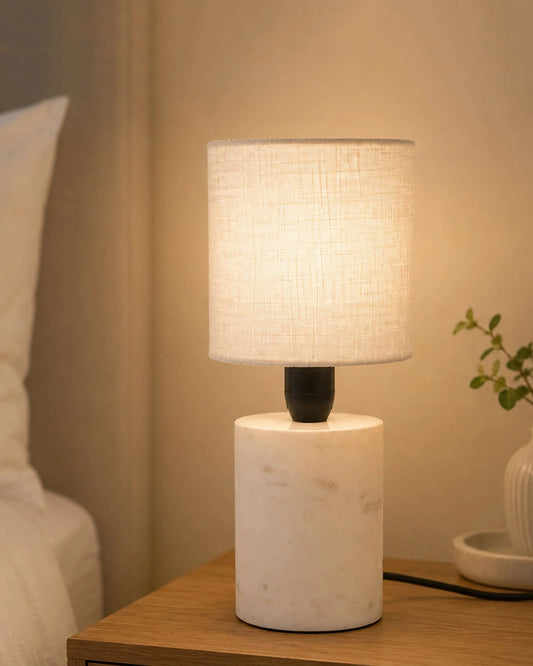 Marble Table Lamp with Linen Shade Warm Ambient Light