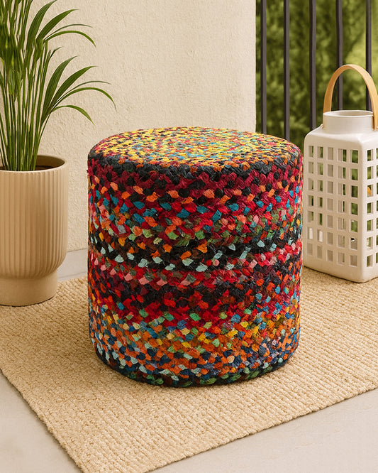 Handwoven Jute Round Pouffe in Multicolor for Living Room - Large