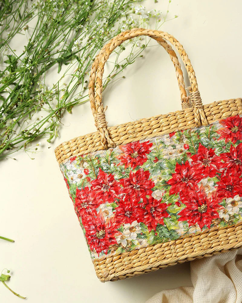 Handwoven Seagrass Shopping Basket & Tote Bag - Red Poinsettia