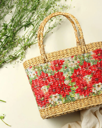 Handwoven Seagrass Shopping Basket & Tote Bag - Red Poinsettia
