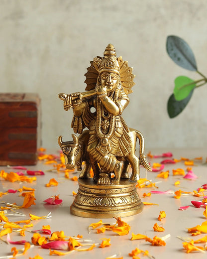 Lord Krishna Playing Flute with Cow Brass Idol
