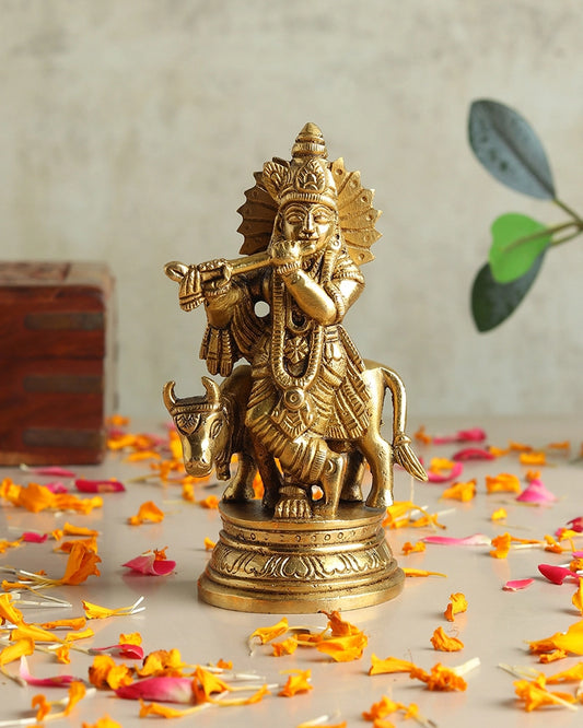 Lord Krishna Playing Flute with Cow Brass Idol