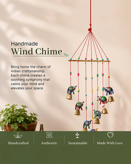 Rajasthani Handmade Wind Chime with Elephant & Colorful Bells for Home Decor