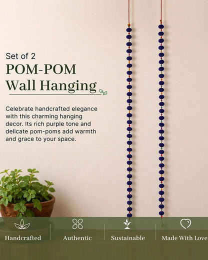 Handcrafted Blue Pom Pom Wall Hanging with Colorful Beads Set of 2