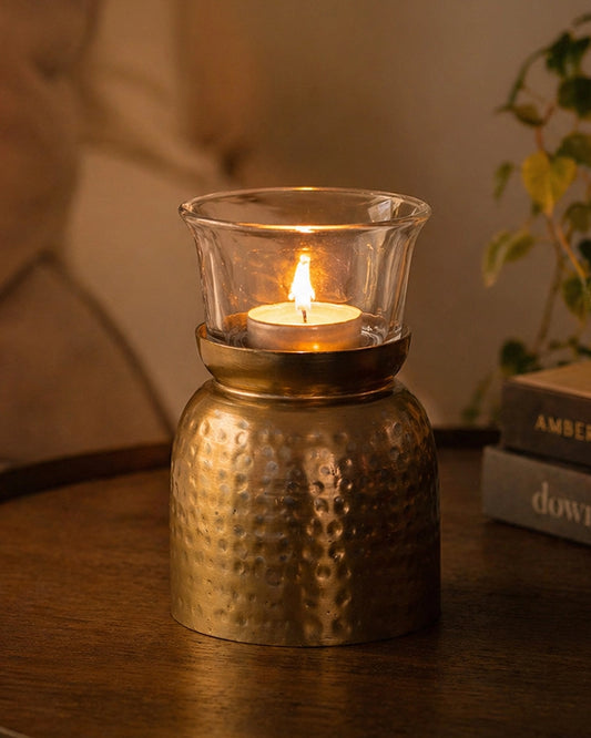 Hammered Metal Cylindrical Tea Light Holder with Glass for Home Decor