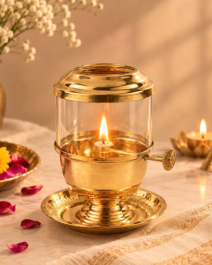 100% Pure Brass Akhand Jyot Diya with Adjustable Bati Knob with Glass Cover