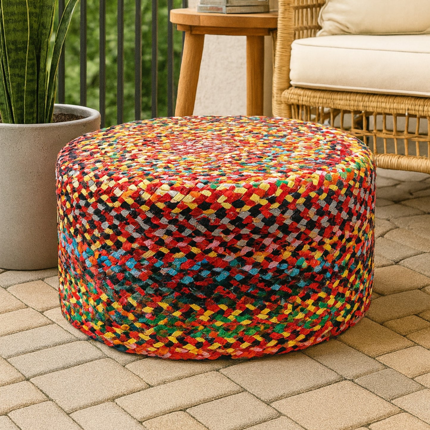 Handwoven Jute Round Pouffe in Multicolor for Living Room