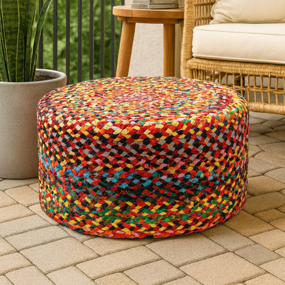 Handwoven Jute Round Pouffe in Multicolor for Living Room